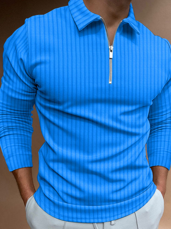 Men’s solid color zipper striped long-sleeved POLO shirt - Blue / S