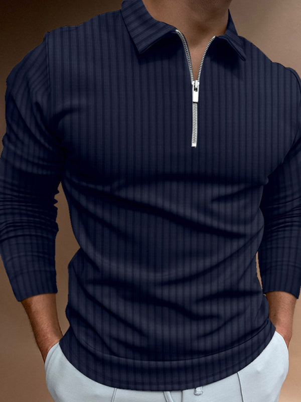 Men’s solid color zipper striped long-sleeved POLO shirt - Champlain color / S