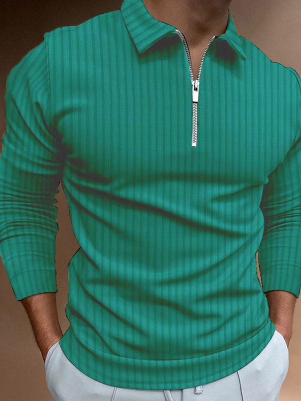Men’s solid color zipper striped long-sleeved POLO shirt - Green / S