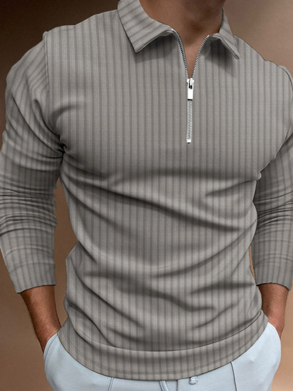 Men’s solid color zipper striped long-sleeved POLO shirt - Grey / S