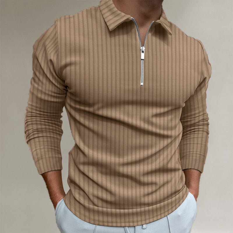 Men’s solid color zipper striped long-sleeved POLO shirt - Khaki / S