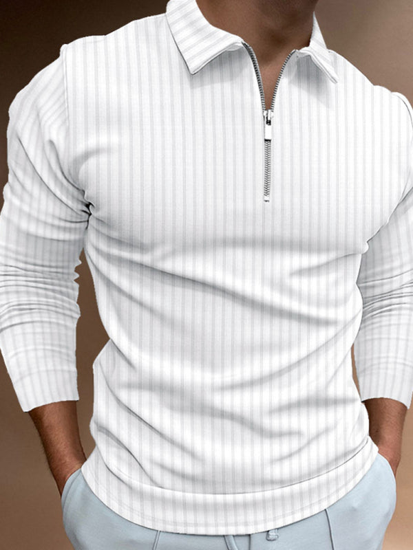 Men’s solid color zipper striped long-sleeved POLO shirt - White / S