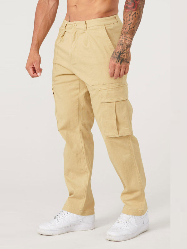 Men’s spliced solid color casual sports loose overalls - Khaki / M