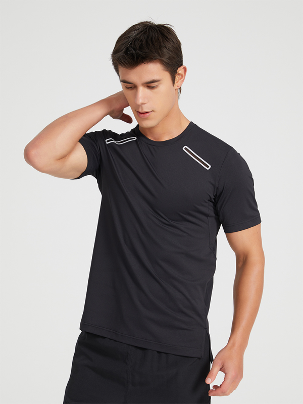 Black athletic men’s sports outdoor breathable stretch short-sleeved T-shirt with moisture-wicking fabric