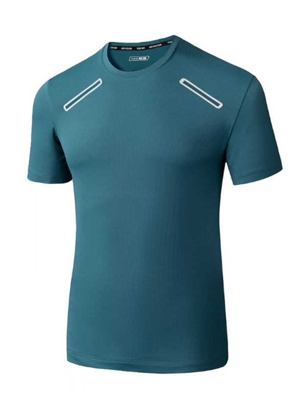 Men’s teal short-sleeved athletic shirt ideal for outdoor fitness and breathable workouts