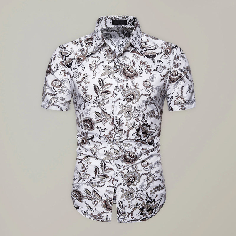 Men’s Spring-Summer Leisure Lapel Collar Full Body Print Woven Shirt - Raw white off white / M
