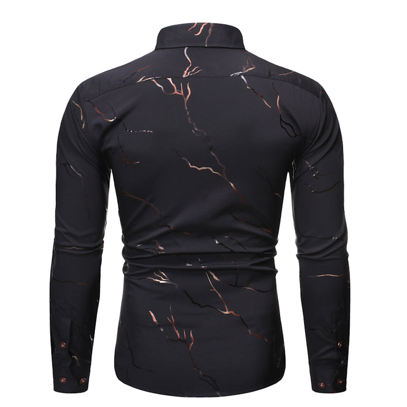 Men’s Stand Collar Line Foil Print Long Sleeve Shirt - Black / S