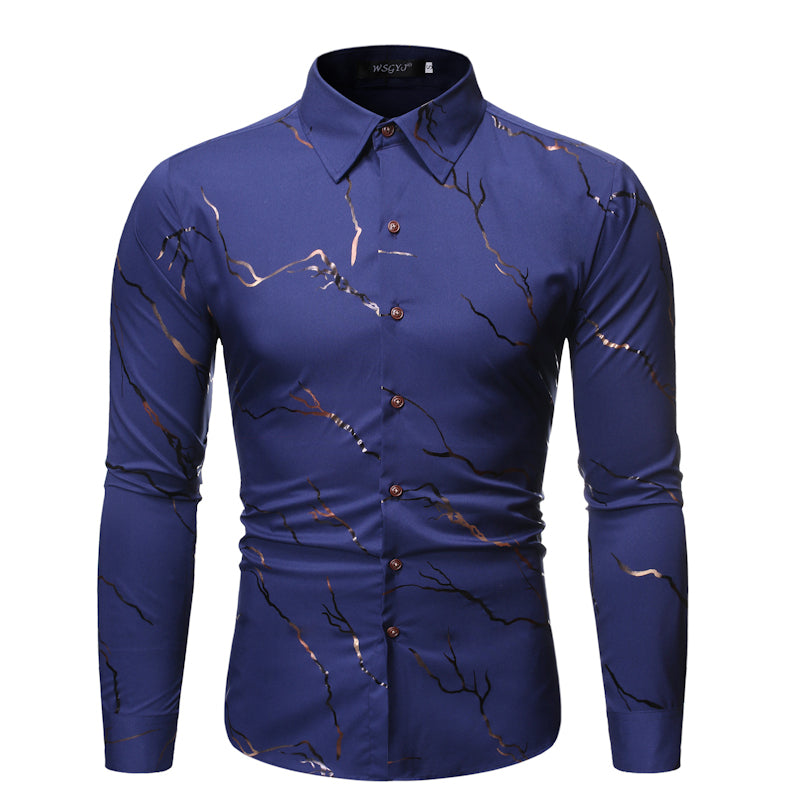 Men’s Stand Collar Line Foil Print Long Sleeve Shirt - Champlain color / S