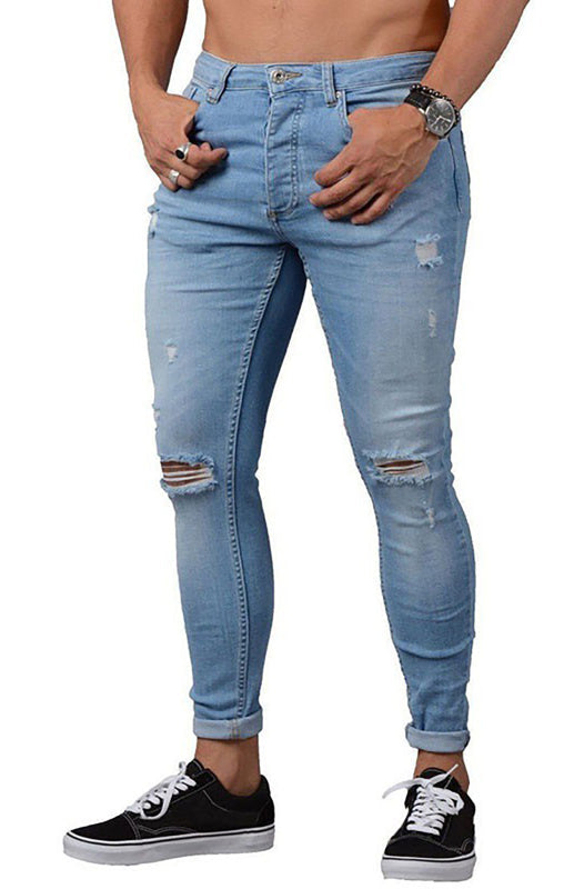 Men’s Street Style Four Seasons Slight Elasticity Cotton Blend Denim Jeans - Clear blue / S