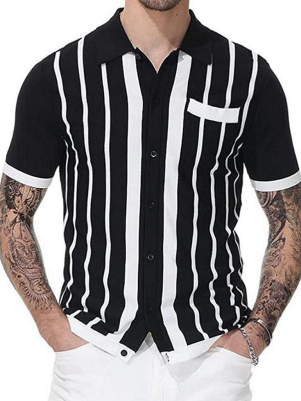 Men’s Striped Button-Up Polo Shirt - Black / S