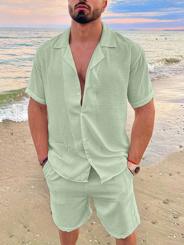 Men’s Summer Lapel Cotton Linen Solid Color Short Sleeve Shorts Set - Pale green / M