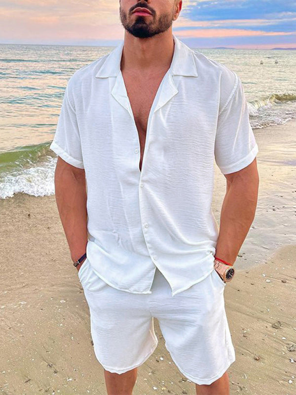 Men’s Summer Lapel Cotton Linen Solid Color Short Sleeve Shorts Set - White / M
