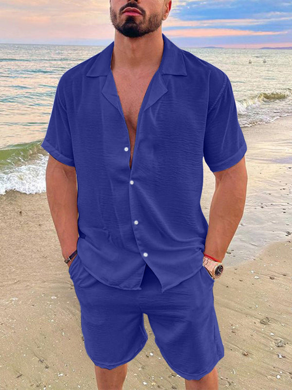 Men’s Summer Lapel Cotton Linen Solid Color Short Sleeve Shorts Set - Purplish blue navy / M