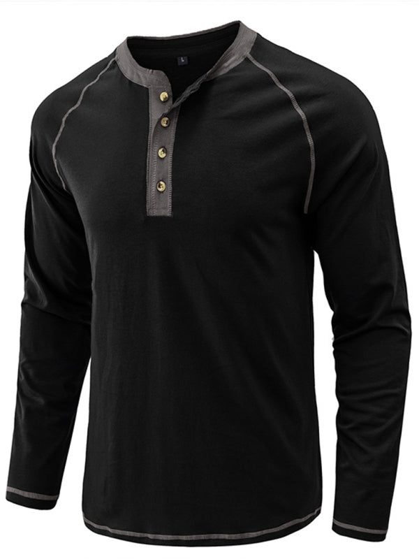 Men’s T-Shirt Solid Color Button Colorblock Long Sleeve Top
