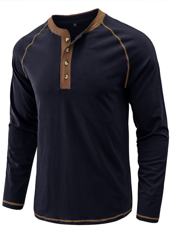 Men’s T-Shirt Solid Color Button Colorblock Long Sleeve Top