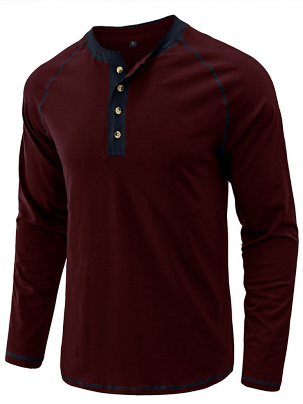 Men’s T-Shirt Solid Color Button Colorblock Long Sleeve Top