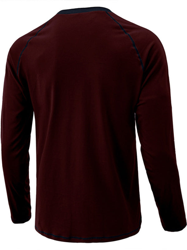 Men’s T-Shirt Solid Color Button Colorblock Long Sleeve Top