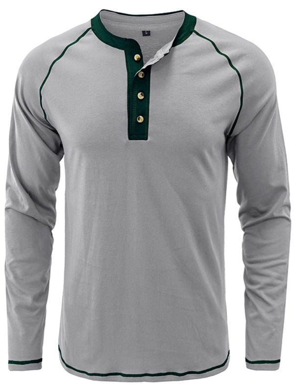 Men’s T-Shirt Solid Color Button Colorblock Long Sleeve Top