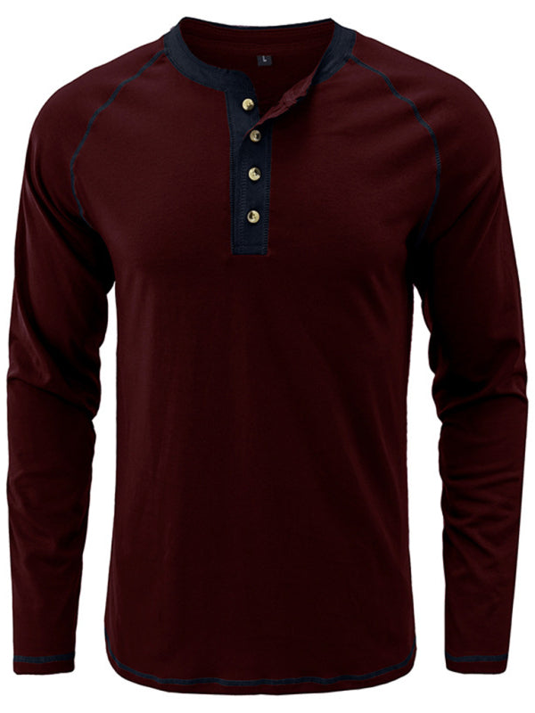 Men’s T-Shirt Solid Color Button Colorblock Long Sleeve Top