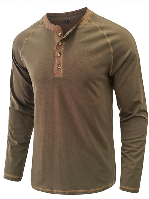 Men’s T-Shirt Solid Color Button Colorblock Long Sleeve Top