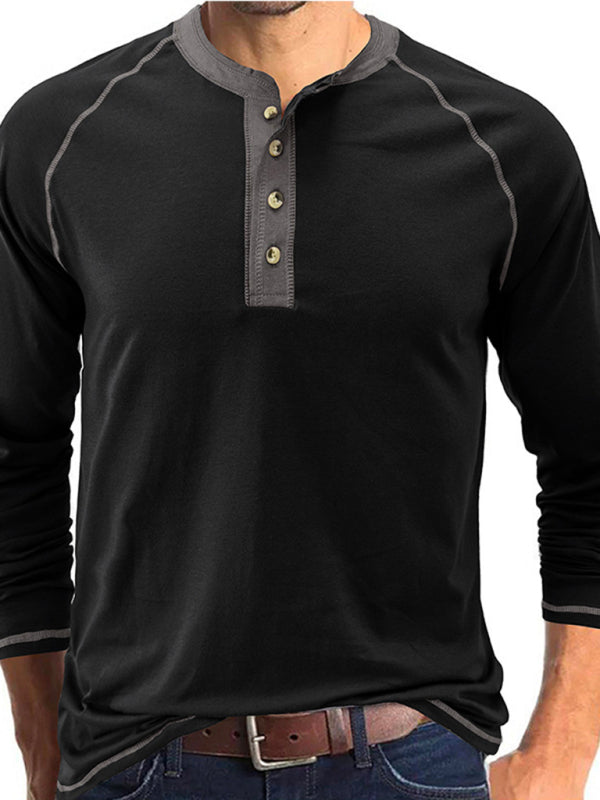 Men’s T-Shirt Solid Color Button Colorblock Long Sleeve Top