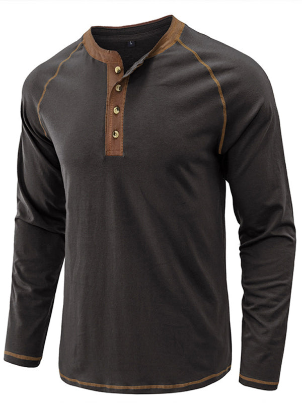 Men’s T-Shirt Solid Color Button Colorblock Long Sleeve Top