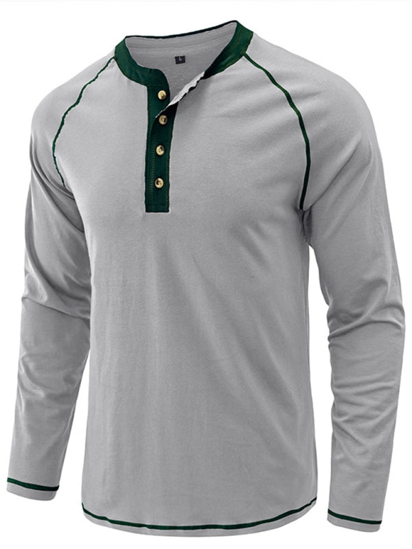 Men’s T-Shirt Solid Color Button Colorblock Long Sleeve Top