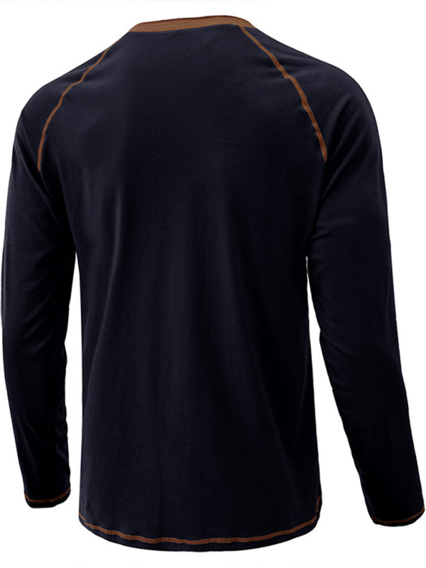 Men’s T-Shirt Solid Color Button Colorblock Long Sleeve Top
