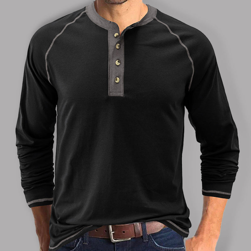 Men’s T-Shirt Solid Color Button Colorblock Long Sleeve Top - Black / S