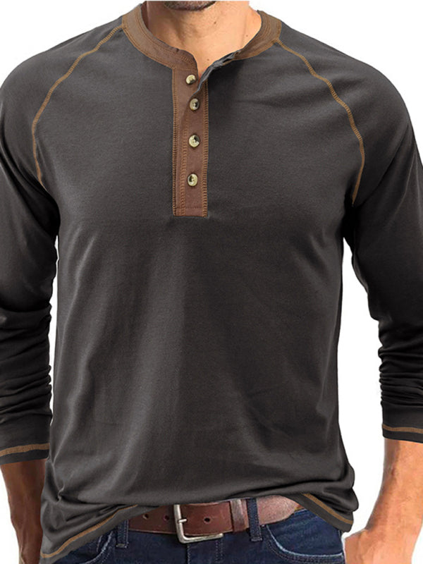 Men’s T-Shirt Solid Color Button Colorblock Long Sleeve Top - Charcoal grey / S