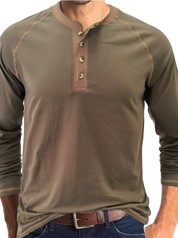 Men’s T-Shirt Solid Color Button Colorblock Long Sleeve Top - Green / S