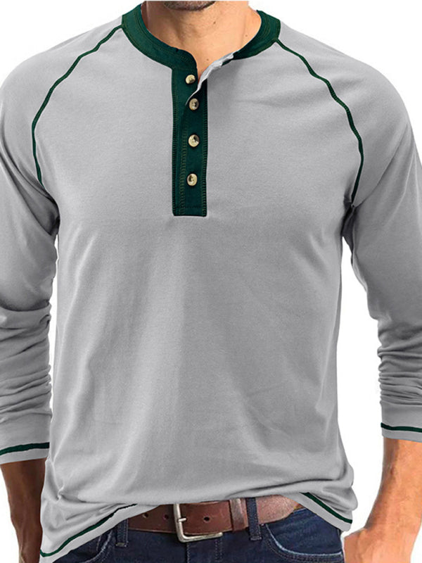 Men’s T-Shirt Solid Color Button Colorblock Long Sleeve Top - Grey / S