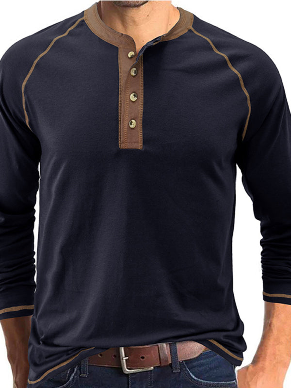 Men’s T-Shirt Solid Color Button Colorblock Long Sleeve Top - Royal blue / S