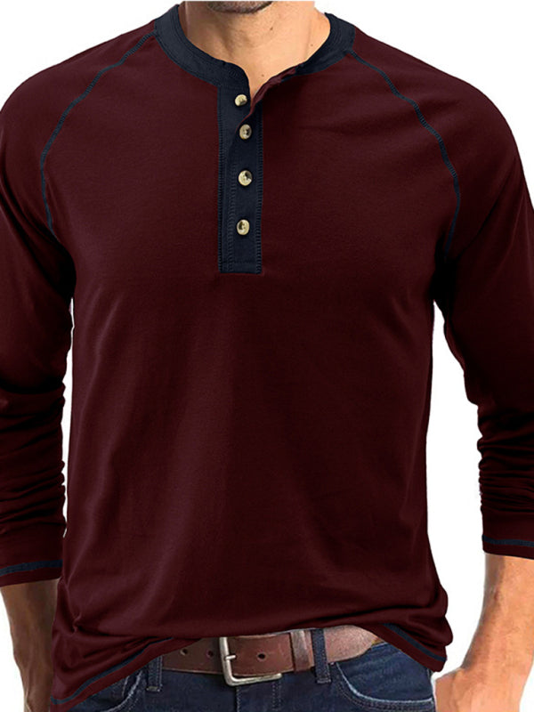 Men’s T-Shirt Solid Color Button Colorblock Long Sleeve Top - Wine Red / S