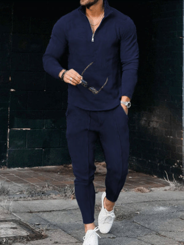 Men’s Textured Casual Half Zipper Stand Collar Suits - Champlain color / M