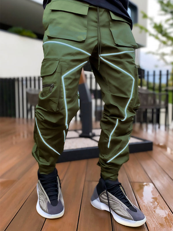 Men’s trendy loose straight multi-pocket cargo pants - Olive green / M