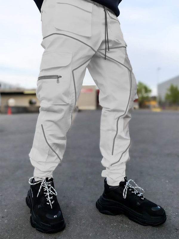 Men’s trendy loose straight multi-pocket cargo pants - White / M