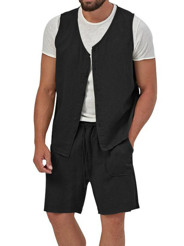 Men’s two-piece vest shorts casual sleeveless cardigan suit - Black / M