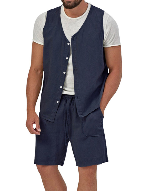 Men’s two-piece vest shorts casual sleeveless cardigan suit - Champlain color / M