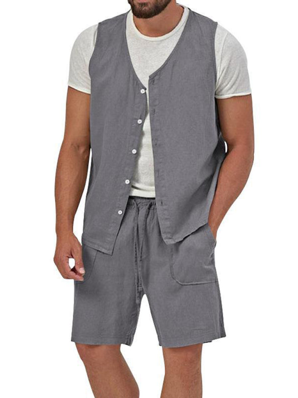 Men’s two-piece vest shorts casual sleeveless cardigan suit - Charcoal grey / M