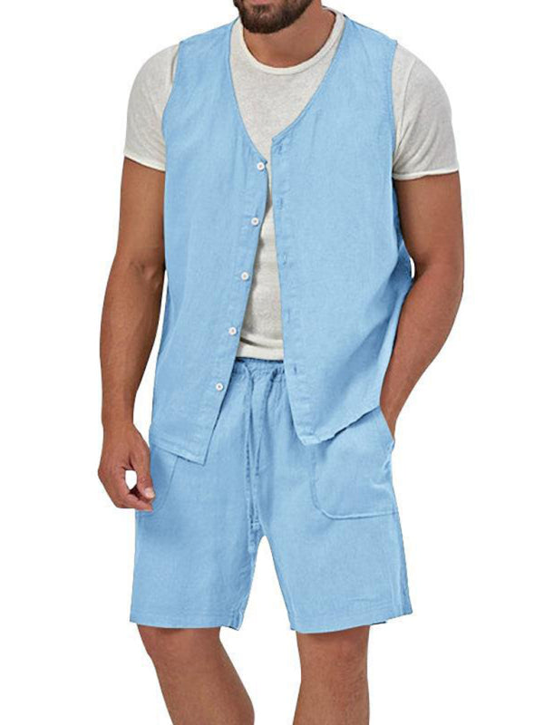 Men’s two-piece vest shorts casual sleeveless cardigan suit - Clear blue / M