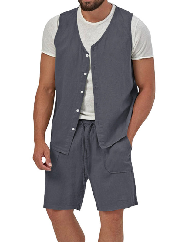 Men’s two-piece vest shorts casual sleeveless cardigan suit - Dark Gray / M