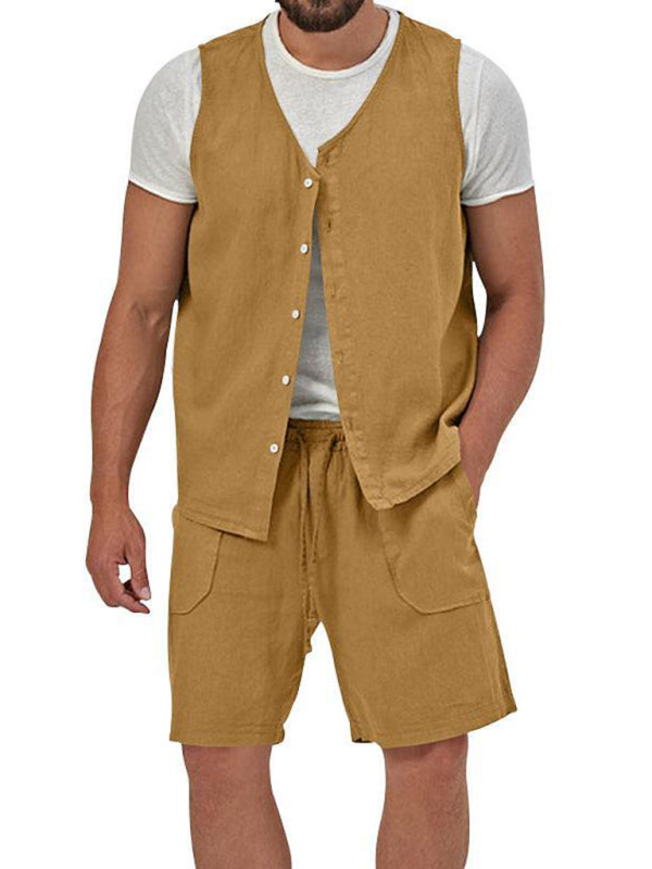 Men’s two-piece vest shorts casual sleeveless cardigan suit - Earth yellow / M