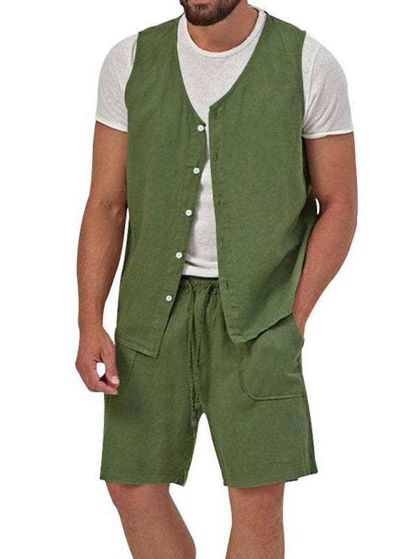 Men’s two-piece vest shorts casual sleeveless cardigan suit - Olive green / M
