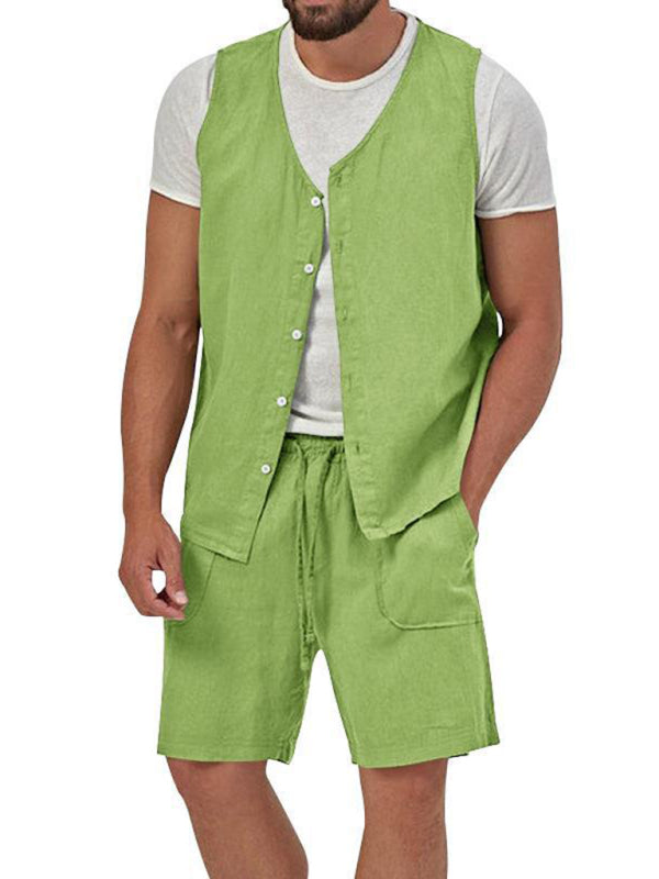 Men’s two-piece vest shorts casual sleeveless cardigan suit - Pale green / M