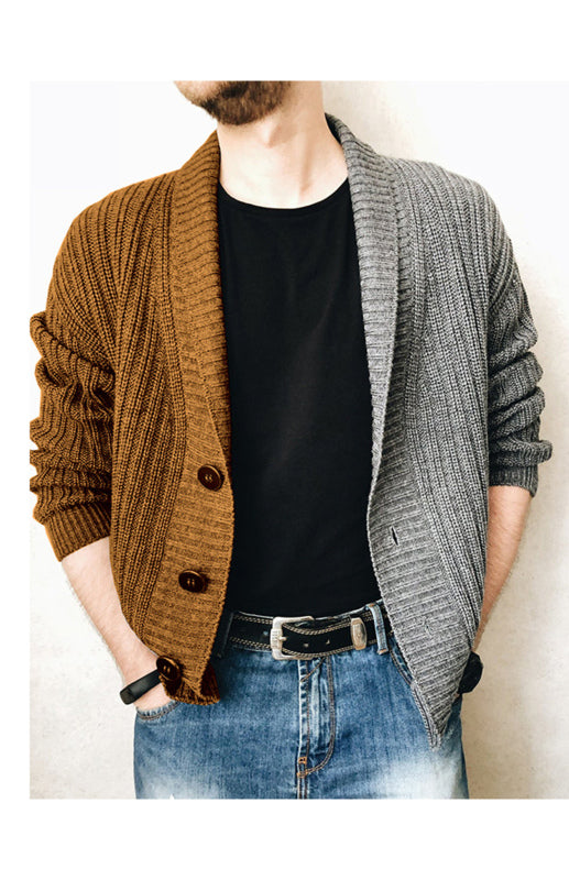 Men’s Two Tone Patchwork Single Breasted Long Sleeve Sweater Cardigan