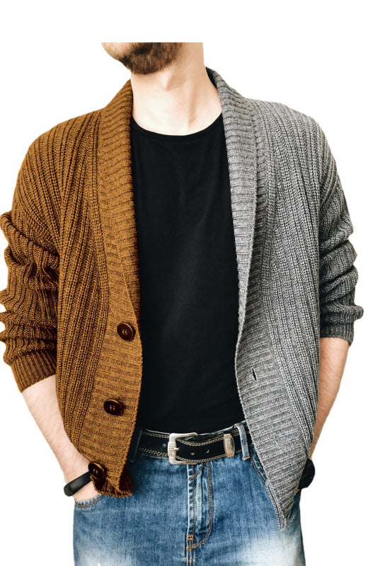 Men’s Two Tone Patchwork Single Breasted Long Sleeve Sweater Cardigan