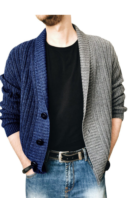 Men’s Two Tone Patchwork Single Breasted Long Sleeve Sweater Cardigan - Blue / M