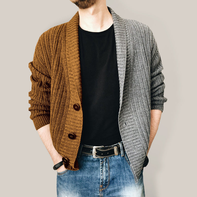Men’s Two Tone Patchwork Single Breasted Long Sleeve Sweater Cardigan - Brown / M