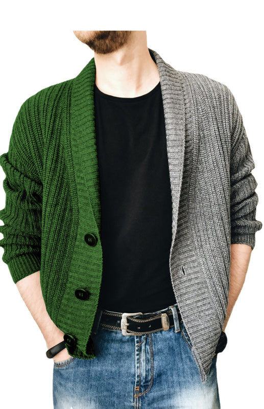 Men’s Two Tone Patchwork Single Breasted Long Sleeve Sweater Cardigan - Green / M